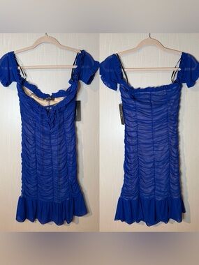 NWT Lulu’s Alto Blue Mesh Ruched Off The Shoulder Bodycon Mini Dress Small